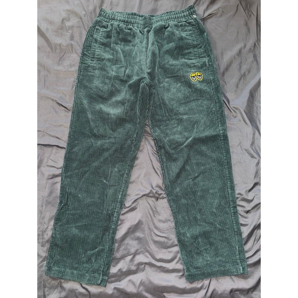 Krooked Mens Baggy Fit Drawstring Corduroy Pants Dark Green Embroidered Sz M
